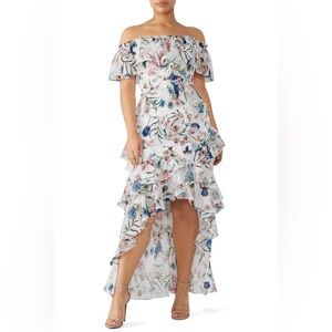 Badgley Mischka White Floral High Low Over-The-Shoulder Maxi Gown Women's Size 0